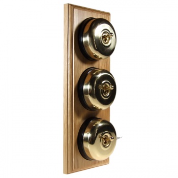 3 Gang 2 Way Light Oak, Polished Brass Dome Period Switch